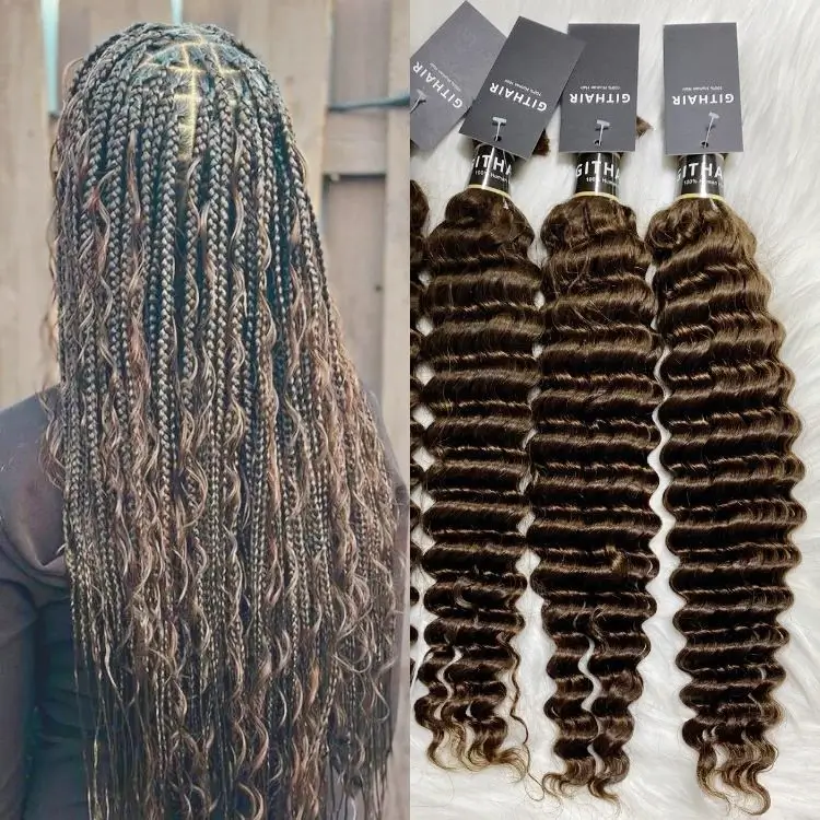 Human Hair #4 BROWN Deep Wave Bulk Hair Extensions for Braiding